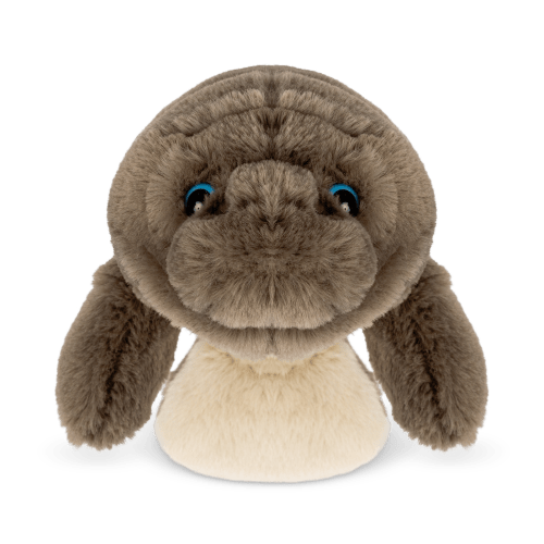 Manatee plushie front angled view.