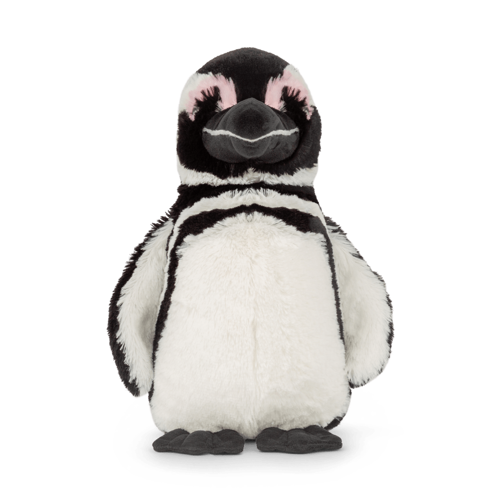 Penguin plushie front angled view.