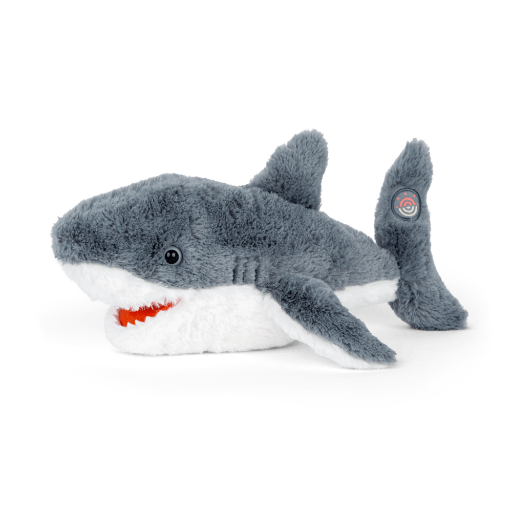 Shark plushie angled view.