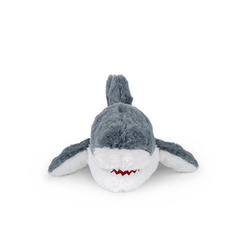 Shark plushie front angled view.