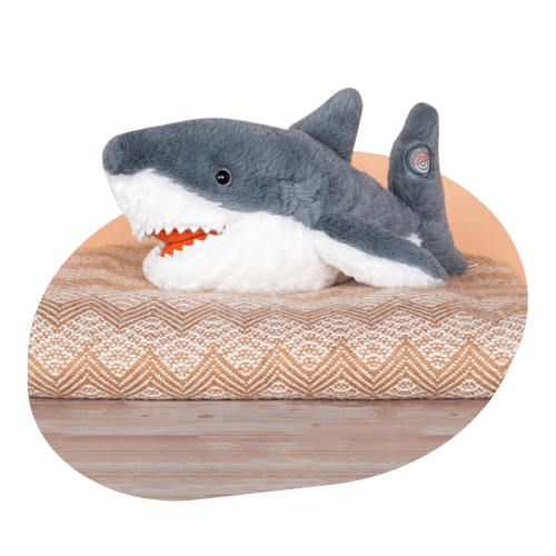 Shark plushie styled angled view.