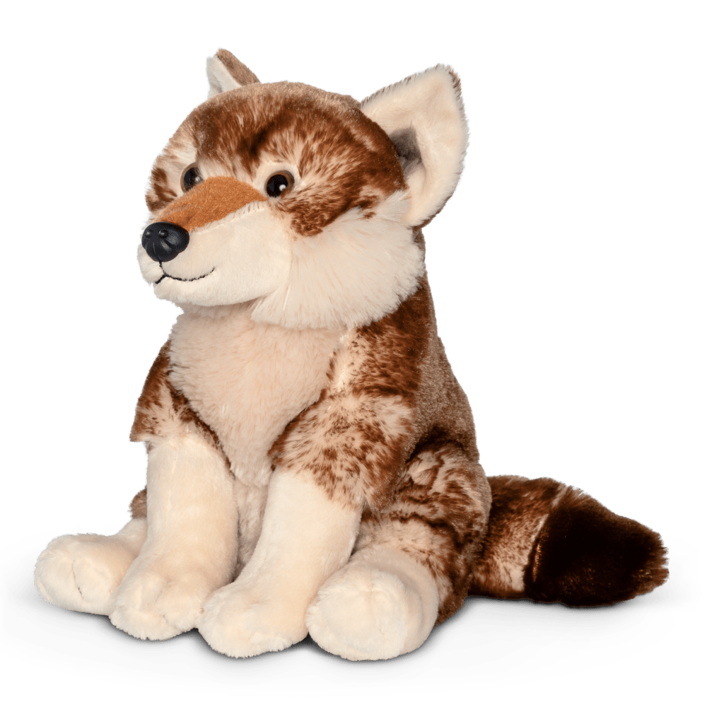 Wolf plushie angled view.