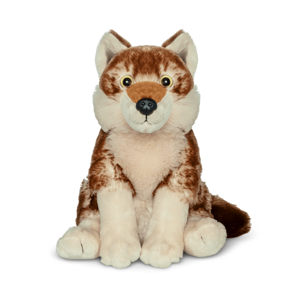 Wolf plushie front angled view.