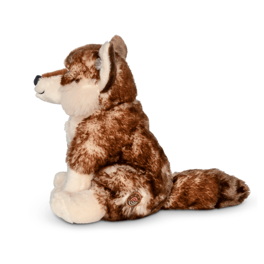 Wolf plushie side angled view.