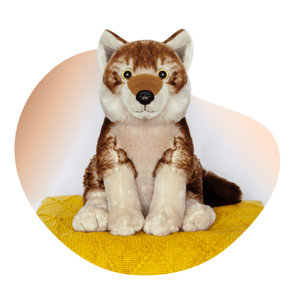 Wolf plushie styled angled view.