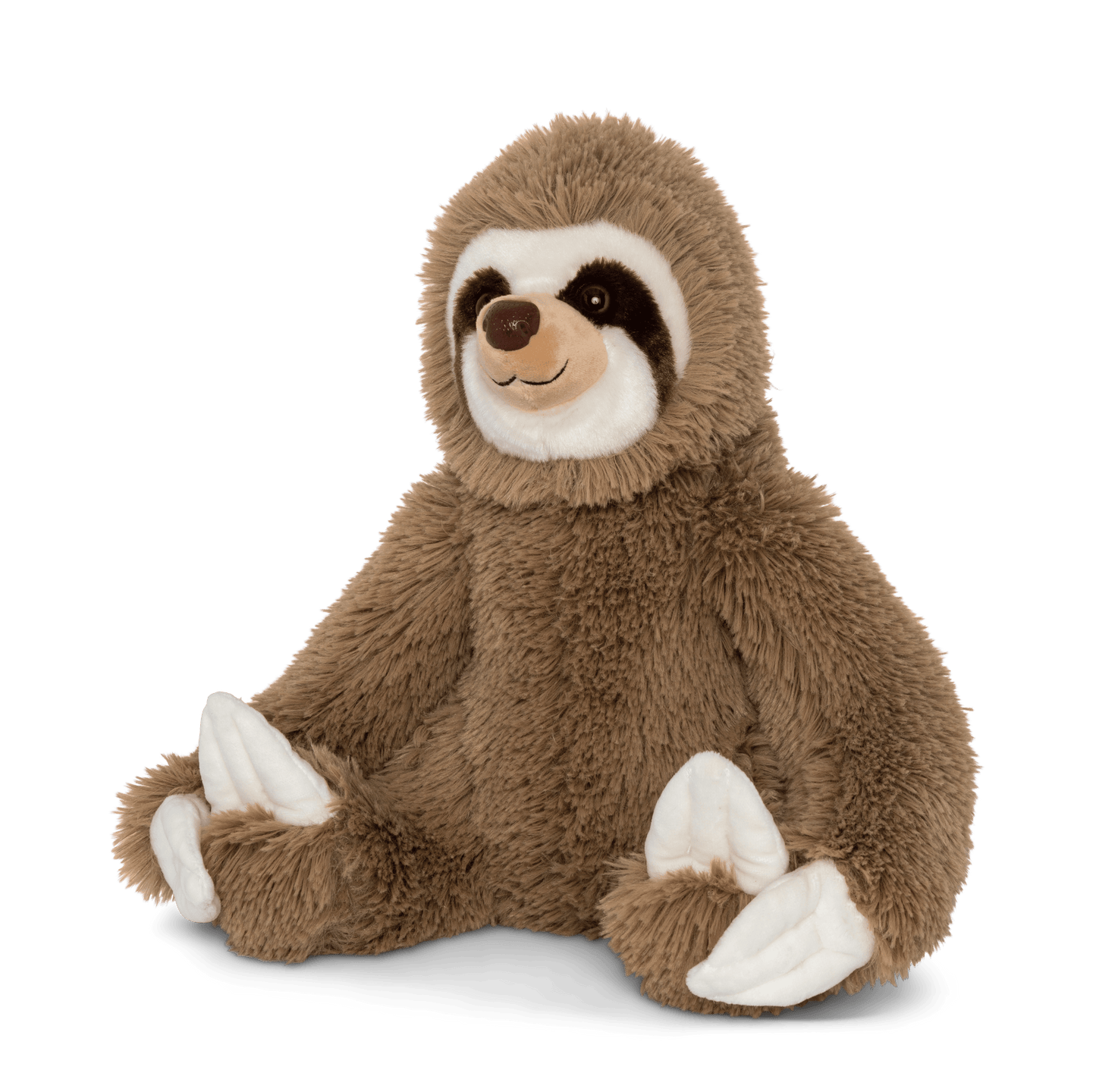 Sloth plushie angled view on white background
