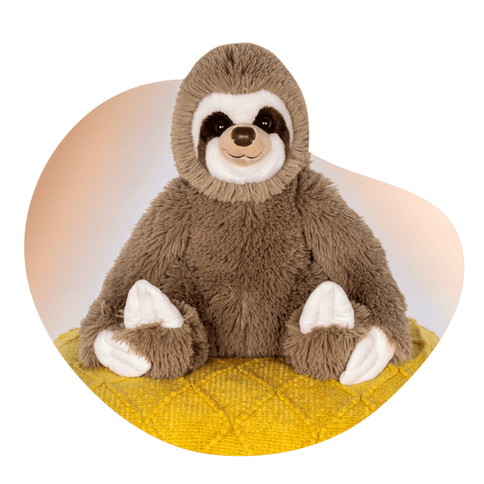 Sloth plushie with sloth photo on packaging