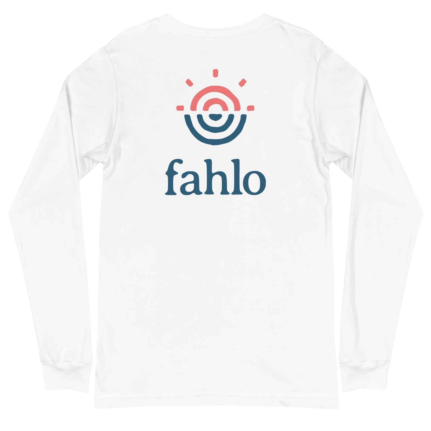 White unisex long sleeve tee showing the back design.