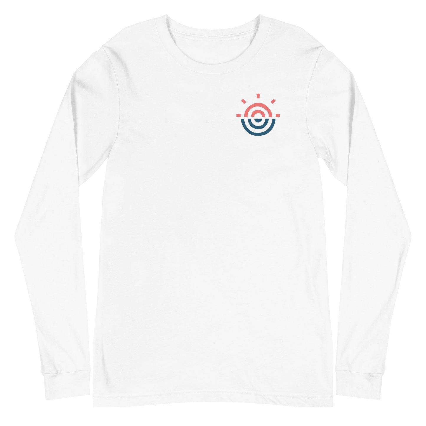 White unisex long sleeve tee showcasing the front design.