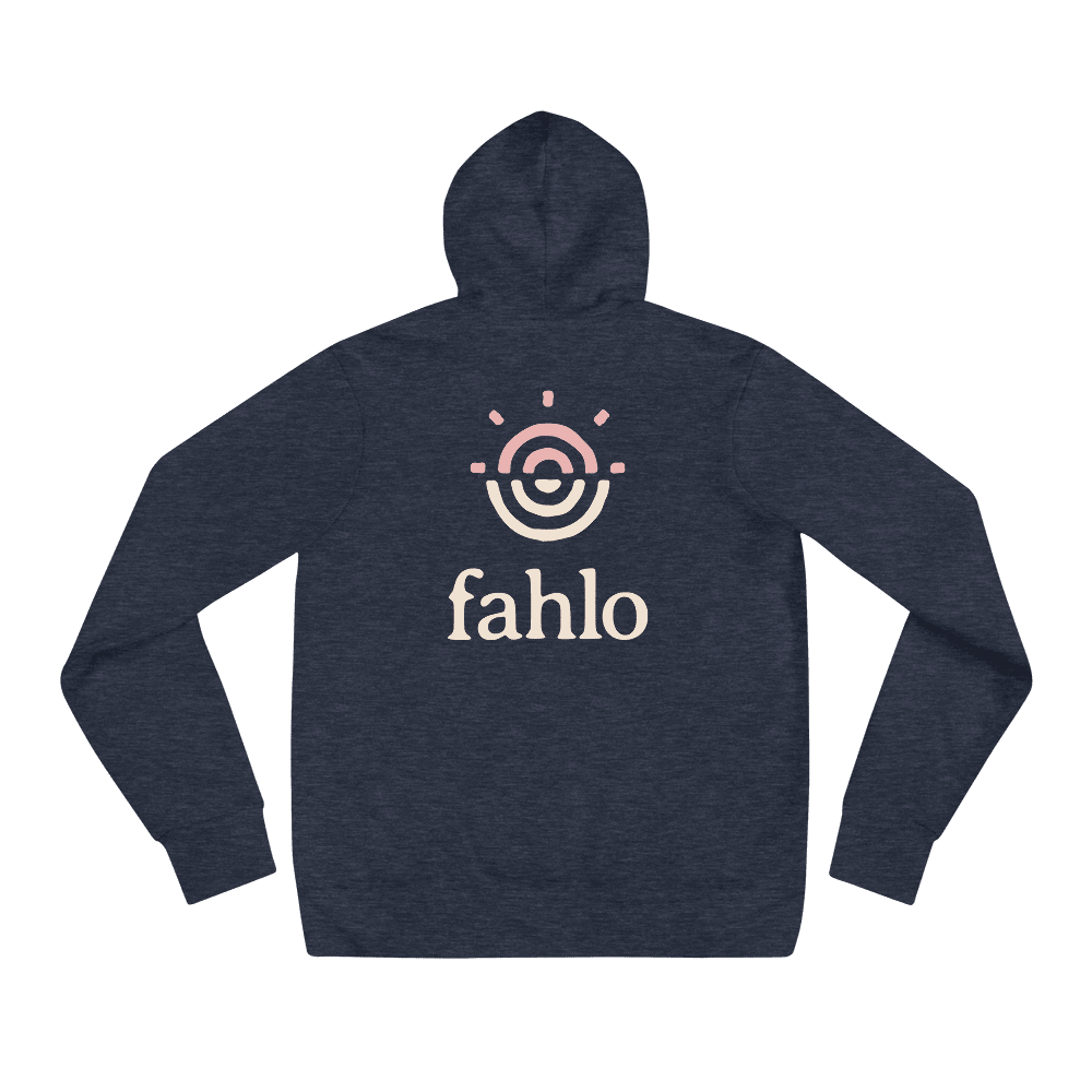 Heather navy unisex pullover hoodie with the back design visible.