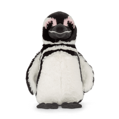 Penguin plushie front angled view.