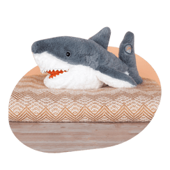 Shark plushie styled angled view.