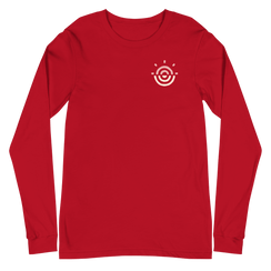 Red unisex long sleeve tee highlighting the front view.