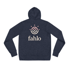 Heather navy unisex pullover hoodie with the back design visible.